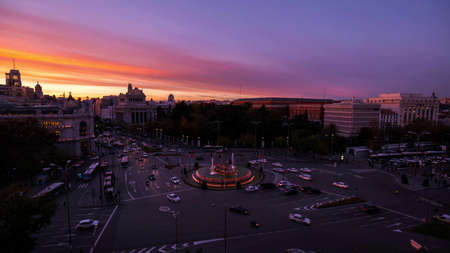 Madrid Evening Square with plenty of carsの写真素材