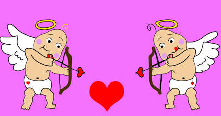 Two little cupid angels shoot at a love heart from two sides on Valentine's Dayの写真素材