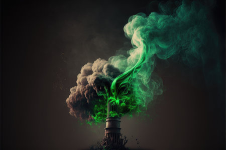 Green smoke from the chimney of a power plant on a dark background
