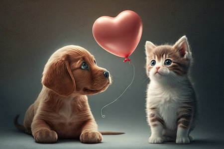 Cat and dog with heart shaped balloon on gray background. love concept