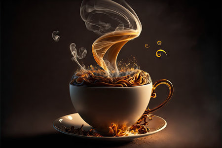 Cup of hot coffee with smoke on dark background. 3d renderingの写真素材