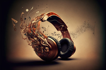 Digital composite of Headphones with music notes and grunge background.の写真素材