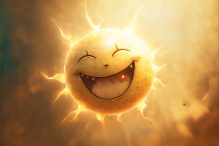 Smiling sun with a smiley face on an orange background.の写真素材