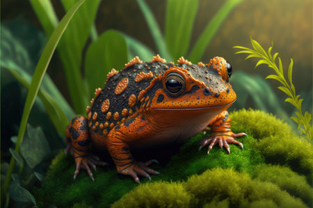 3d render of a red toad on a green moss.