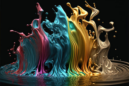 3d rendering of a colorful liquid splash isolated on black background.