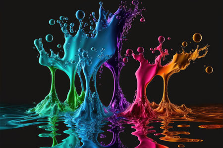 Colored paint splashes isolated on black backgroundの写真素材
