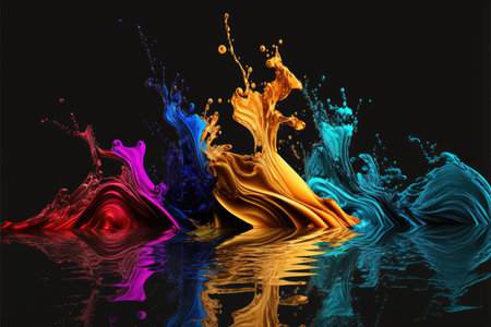 colorful paint splashes on a black background.の写真素材