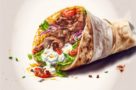 Tortilla wrap with meat and vegetables on a white background.の写真素材