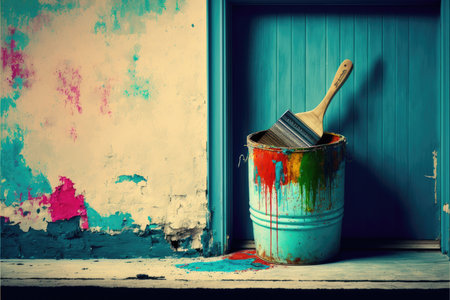 Paint bucket with paintbrush on blue wall background, retro toneの写真素材