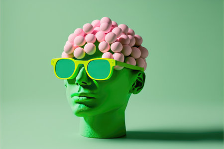 Mannequin head with pink balls and green glassesの写真素材