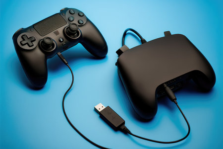 Gamepad and USB cable on blue background