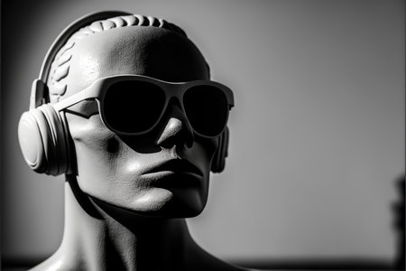 Black and white photo of a mannequin wearing headphones and sunglasses.の写真素材
