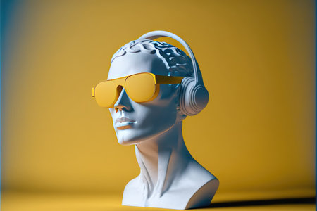 Headphones and human face. 3d illustration. yellow background.