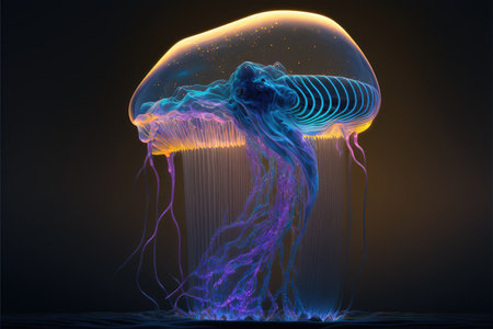 Jellyfish with blue and pink neon light, 3D illustrationの写真素材