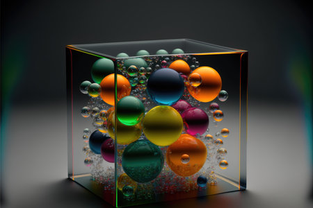 3d illustration of glass cube with multicolored balls on black background