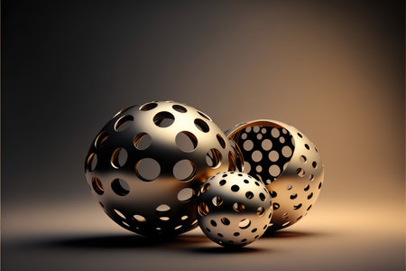 3d render of gold and silver spheres on a dark background.の写真素材