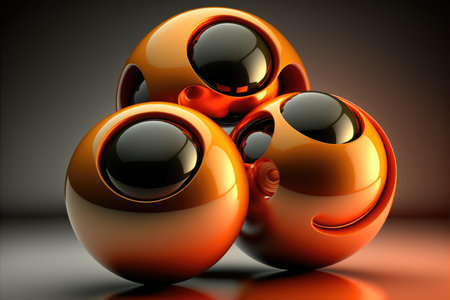 3d rendering of abstract spheres in orange and black colors with reflection