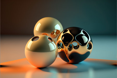 3d rendering of abstract background with golden and black balls in studioの写真素材