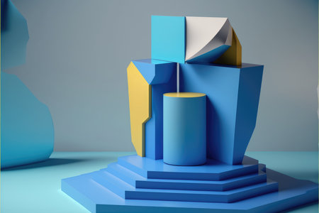 3d render of abstract geometric shapes. Minimal scene with blue and yellow podiums.の写真素材