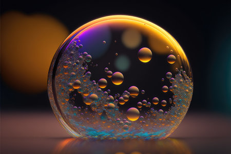 3d rendering of a soap bubble with a colorful bokehの写真素材