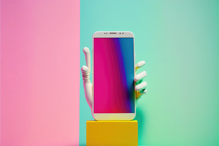 Hand in a white glove holds a smartphone in front of a colorful backgroundの写真素材