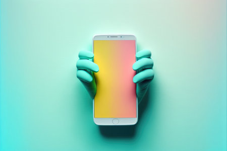 Hands in rubber gloves holding a smartphone on a blue background