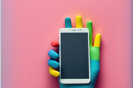 Hand in a blue glove holds a smartphone on a pink background.の写真素材