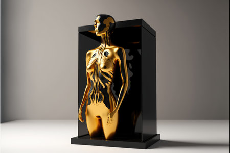 3d rendering of a golden woman in front of a black boxの写真素材