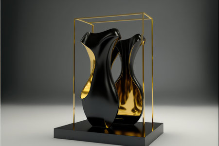 Black vase with gold frame on gray backgroundの写真素材