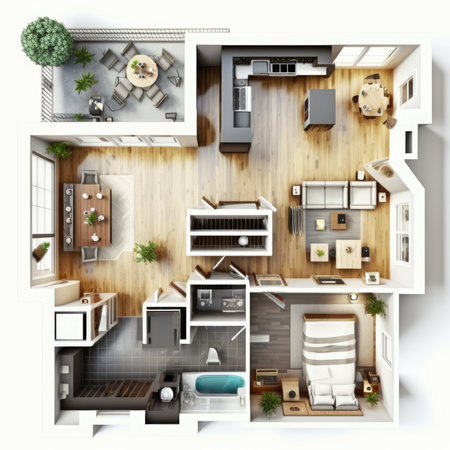 Top view of a modern kitchen and living room