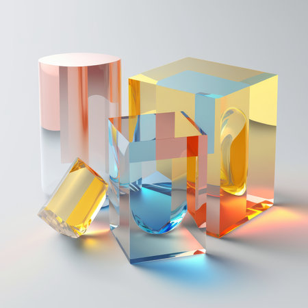 3d illustration of abstract geometric composition made of glass cubes with different colorsの写真素材