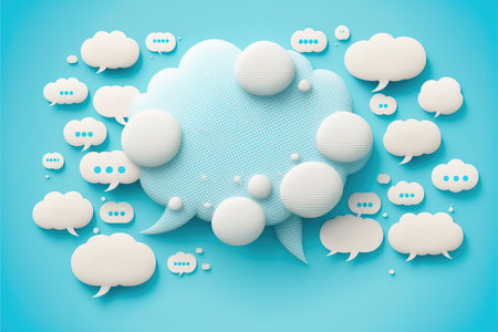 3d paper speech bubbles with speech bubbles on blue backgroundの写真素材