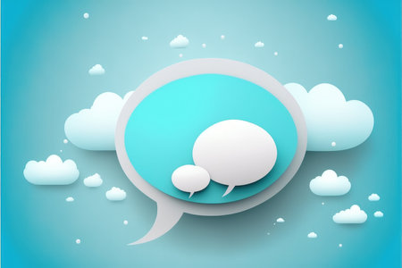 Speech bubble with clouds on blue sky backgroundの写真素材