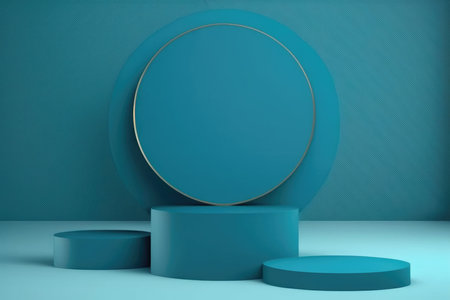 3d rendering of blue round podium for product presentation in minimal style