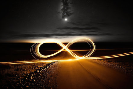 An infinity symbol on the road at night with a full moon in the backgroundの写真素材