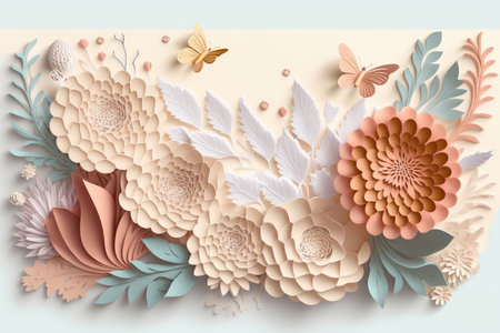 Paper cut flowers in pastel colors with butterflies and leaves. 3d renderingの写真素材