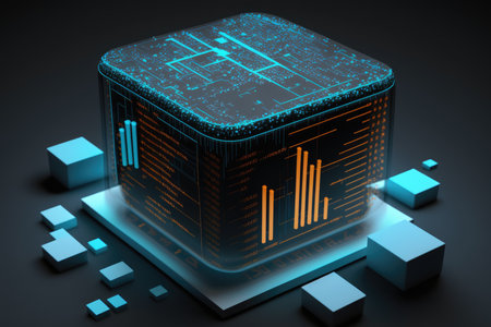 Data center on a black background with blue cubesの写真素材