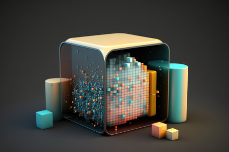 3d illustration of cube with binary code and bar chart on dark background