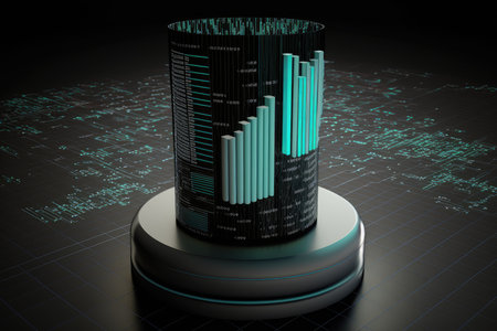 3d illustration of business graph over dark background with binary code.の写真素材