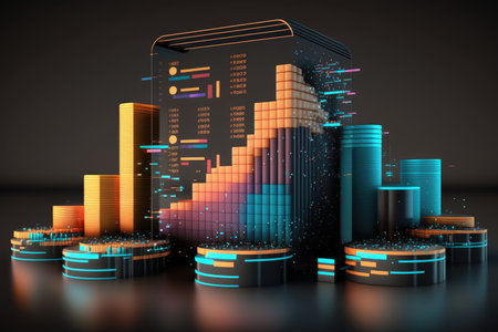 Business graph and bar chart in black background 3d rendering imageの写真素材