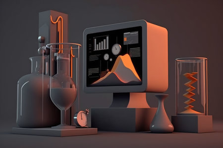 laboratory equipment. Computer monitor, test-tubes, flask, hourglassの写真素材