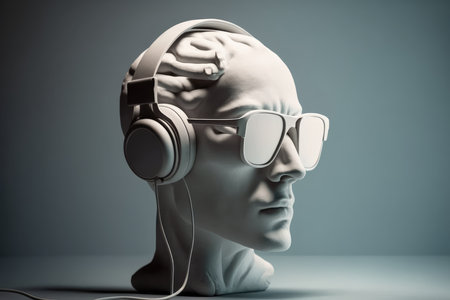 Head of a man in headphones listening to music. 3d renderingの写真素材