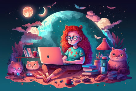 Cute girl with laptop sitting on the floor in the moonlightの写真素材