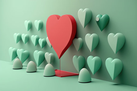 3d rendering of red heart on top of green background with heartsの写真素材
