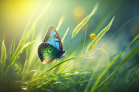 Butterfly on green grass in sunlight. beautiful nature backgroundの写真素材
