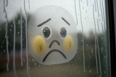 Sad face on the wet glass of the car, rainy dayの写真素材