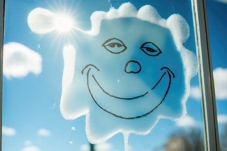Smiling face on a frosted glass window with sun and cloudsの写真素材
