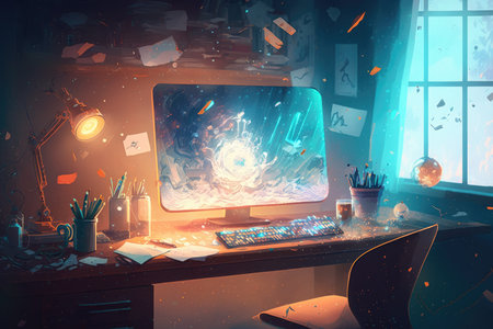 Computer in office with broken screen