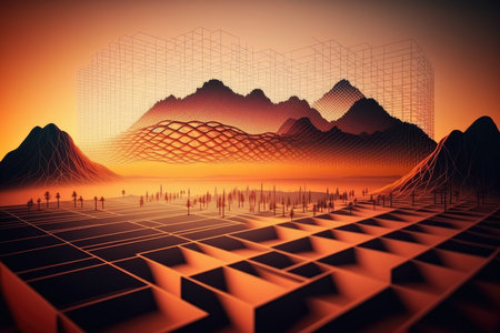 Abstract geometric background with wireframe landscape and mountainsの写真素材