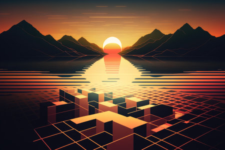 Futuristic landscape with mountains and the sunの写真素材